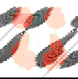 Pair of Oscar De La Renta Resin Coral Colored Clip-On Earrings: Pair of Oscar De La Renta Resin Coral Colored Clip-On Earrings. Name on back.&nbsp; Red coral colored resin in a swirl pattern. Clip on backings.&nbsp; Size: 1 1/2 x 3 1/4 in. Oscar Ar&iacute;stides R