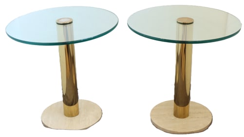 (2) Pace Collection Italian Brass, Glass, and Travertine Side Tables