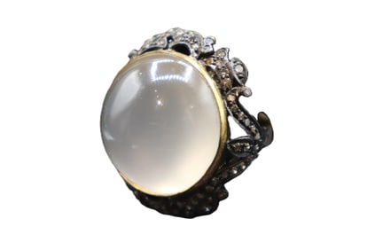 18k Gold, Sterling Silver, Moonstone, and Diamond Ring - Gross 15.9 g.