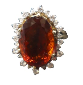 Marked 750 (18k) Gold, Diamond, And Madeira Garnet Ring - Gross 13.5 g.