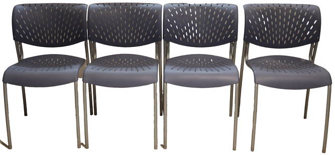 (4) Modern Izzy Hannah Stacking Side Chairs: (4) Modern Izzy Hannah Stacking Side Chairs. The backrests are distinctive featuring oval shaped holes, the seats have the same look. Contoured for comfort with a slight dip in the middle.&nbsp; Stick