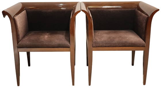 Pair of Brown Lacquered Wood Toscana Arm Chairs: Pair of Brown Lacquered Wood Toscana Arm Chairs. Brown upholstery. Bottom has a sticker with numbers and Toscana Arm Chair. Contemporary chairs.&nbsp; Condition: Minor scuffs to the legs.&nbsp; Size:&
