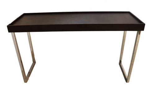 Modern Chrome and Black Wood-Look Low Table or Bench: This sleek, contemporary low table or bench features a minimalist design with a rectangular black wood-like top framed by subtle raised edges. Its clean-lined chrome-plated metal legs form a geometric