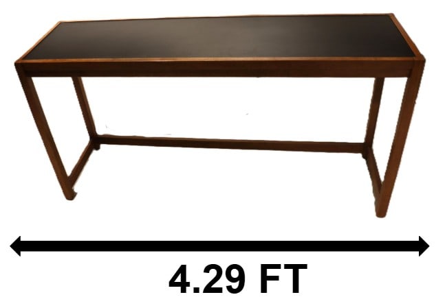 Mid-Century Teak and Black Console Table: Mid-Century Teak and Black Console Table. This is a sleek, modern narrow console table with a minimalist design. It features a clean-lined wooden frame with a warm, medium-brown finish and a distincti
