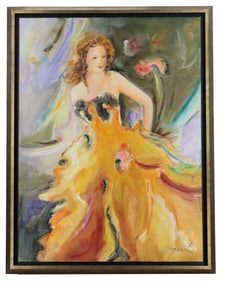 Jane Annette Bazinet (Born 1945) American, Oil on Canvas Figural Portrait of Woman in Yellow Dress