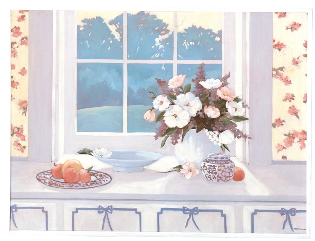 Brenda W. Morrison (1930-2020) American, Oil on Canvas "Flowers on the Window Ledge": Brenda W. Morrison (1930-2020) American, Oil on Canvas "Flowers on the Window Ledge". Signed lower right. Titled and dated 1991 on the back. Condition as pictured. Overall Size: 40 1/2