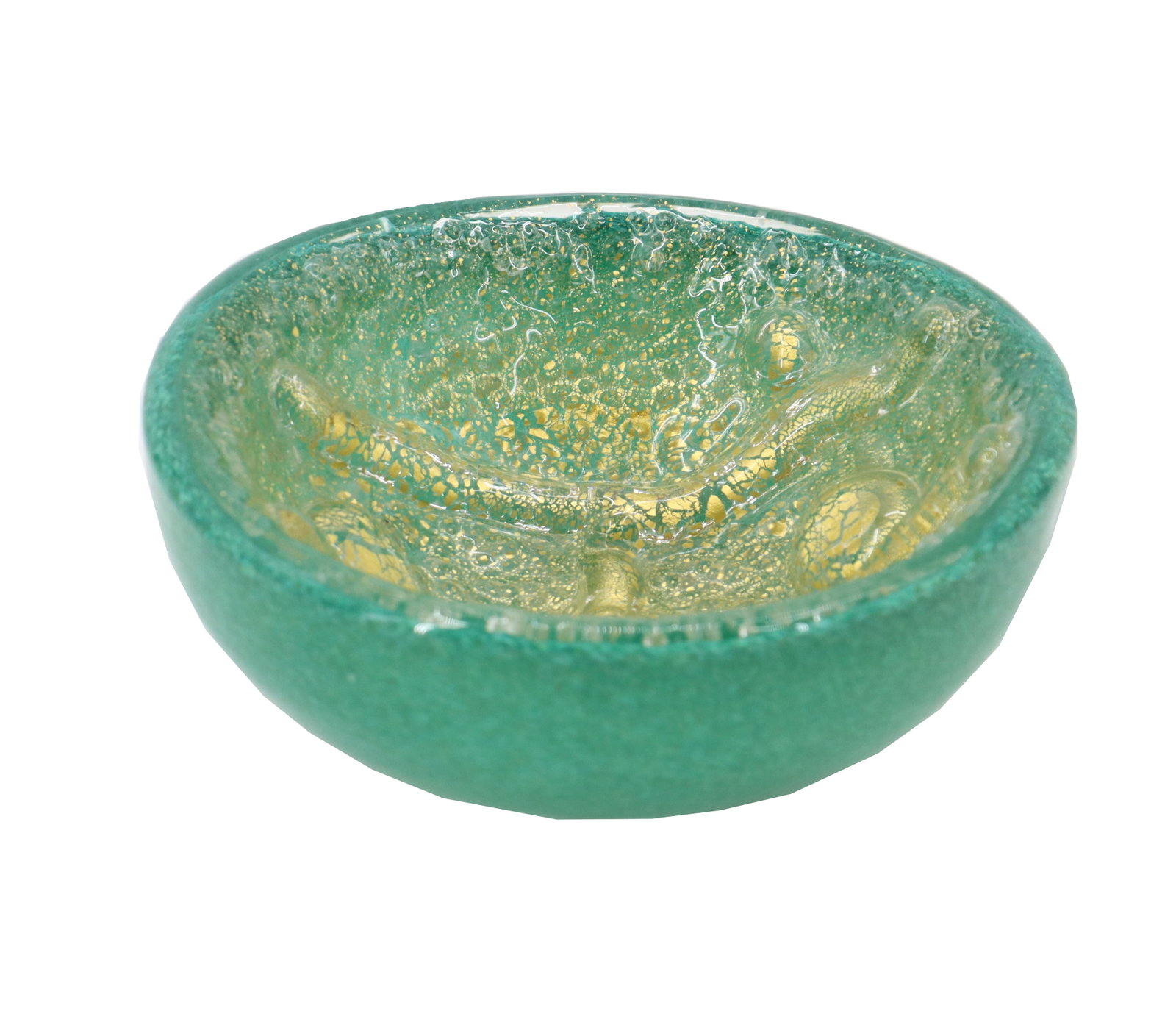 1940 Barovier and Toso Green and Gold Bowl: 1940 Barovier and Toso Green and Gold Bowl. Unique green color with a crackled gold leaf applique on interior. Also known as Rilievo Aurati style. "Rilievo Aurati" in Murano glass refer