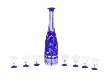 Bohemian Blue Cut Glass Decanter with (7) Small Matching Shot Glasses
