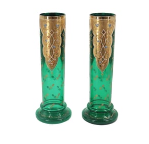 (2) Bohemian Hand Painted Gilt Gold and Green Art Glass Straight Vases