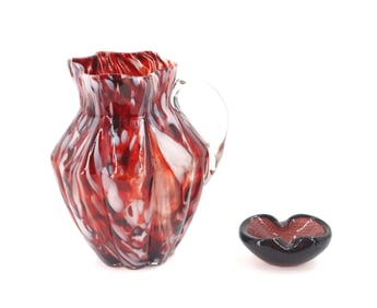 Bohemian Art Glass Splatter Pattern Pitcher and Bubble Pattern Candy Dish
