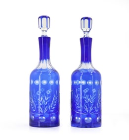 (2) Czech Bohemian Cut to Clear Cobalt Blue Art Glass Decanters with Stoppers