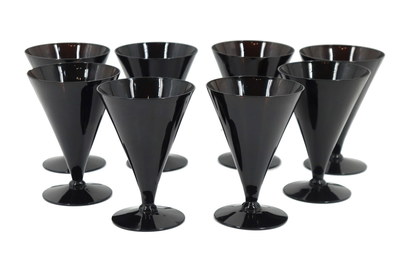 (8) Reizart Crystal Mid Century Modern Jet Black Footed Cocktail Glasses: (8) Reizart Crystal Mid Century Modern Jet Black Footed Cocktail Glasses. This distinctive design uses a tall conical bowl over a round foot instead of the traditional lengthy stem, both for addi