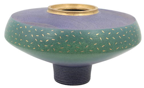 Masuo Ojima (Born 1949) Japanese American, Large Post Modern Ceramic Pottery Vessel: Masuo Ojima (Born 1949) Japanese American, Large Post Modern Ceramic Pottery Vessel. Ceramic vessel with a wide, flattened body, smaller mouth, and a narrow cylindrical foot. Purple and green with a g