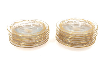(13) Gold Gilt Glass Bread and Butter Plates with S Insignia