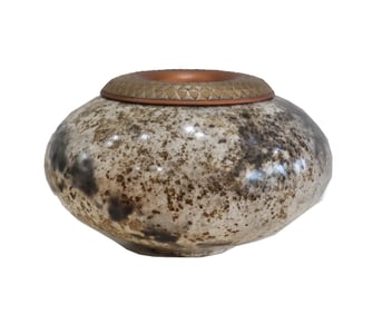 Smoke-Fired Studio Art Pottery Vessel with Carved and Painted Rim