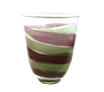 Signed R. Pell Oggetti Murano Art Glass Swirl Pattern Vase: Signed R. Pell Oggetti Murano Art Glass Swirl Pattern Vase. Alternating purple and green with clear glass intermingled, with a smaller bottom and wider round top. Signed on base. Oggetti, an Italian d