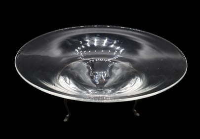 Steuben Archaic Vessels Triangular Art Glass Bowl on Three-Footed Metal Stand