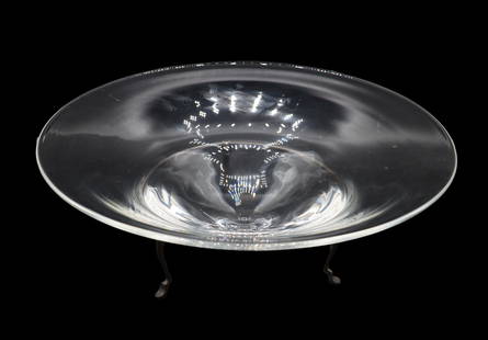 Steuben Archaic Vessels Triangular Art Glass Bowl on Three-Footed Metal Stand: Steuben Archaic Vessels Triangular Art Glass Bowl on Three-Footed Metal Stand. By designer Michael Graves (1934-2015), showcasing the Etruscan style vessel and making it a work of art. Marked on the u