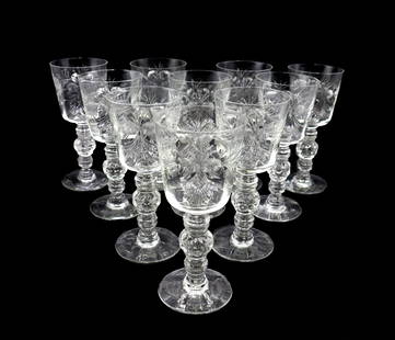 (10) American Heisey or Imperial Cut Glass Water Goblets: (10) American Heisey or Imperial Cut Glass Water Goblets. Etched with delicate patterns across the cowbell-shaped globe and the foot, with a distinctive ball in the middle of the rippled stem. The pat