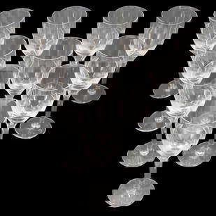 (10) French Lalique Cut Crystal Angel Champagne Glasses: (10) French Lalique Cut Crystal Angel Champagne Glasses. Beautiful Art Deco style wing patterns enrobe each glass, and at the joining of the bowl and the stem the raised face of an angel gazes downwar
