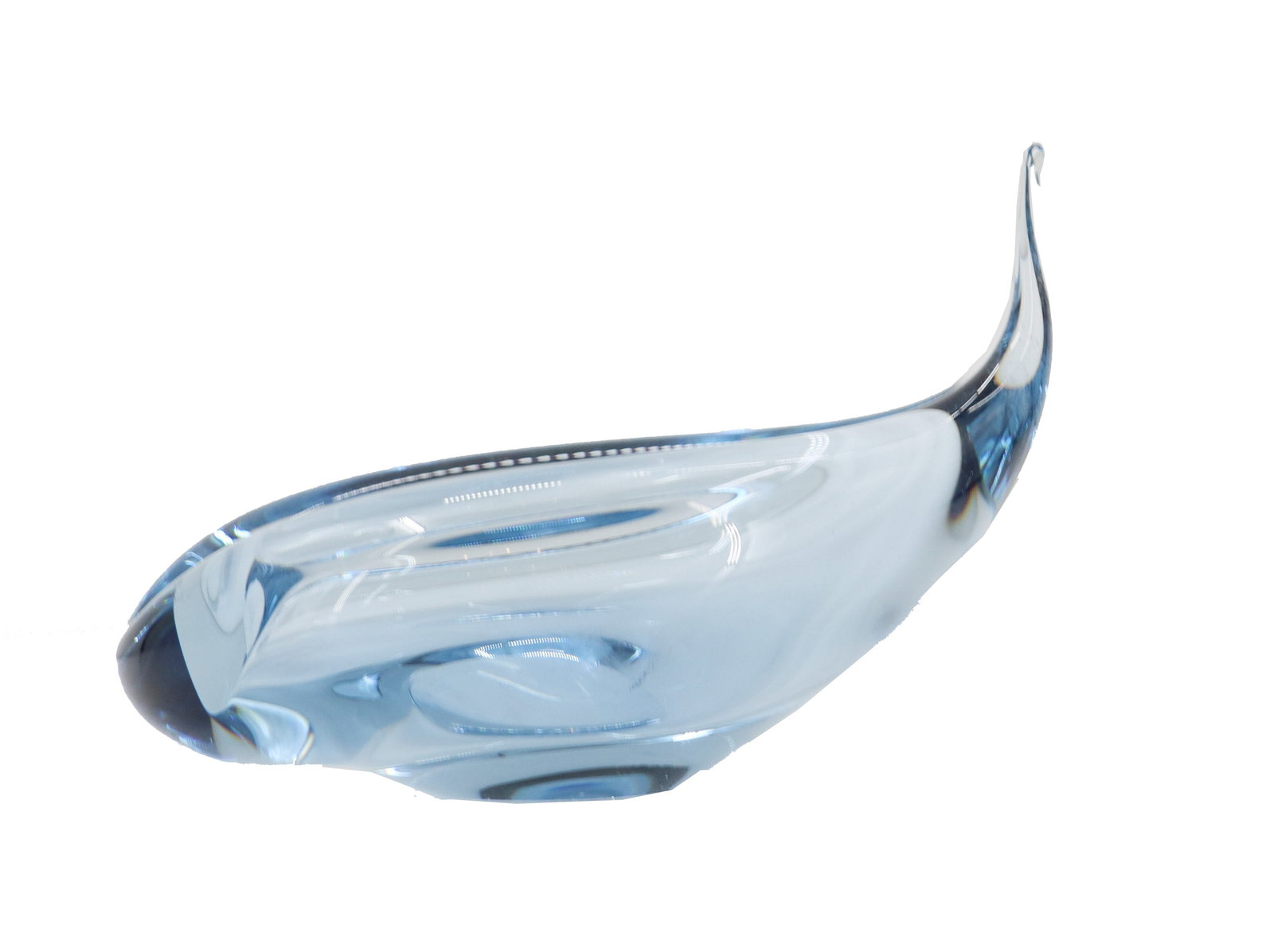 Danish Holmegaard Mid Century Blue Art Glass Flamingo Sculpture: Danish Holmegaard Mid Century Blue Art Glass Flamingo Sculpture. Sleek and elegant freeform design with organic curves and a slender point indicating the bird's neck, crafted by Per Lütk