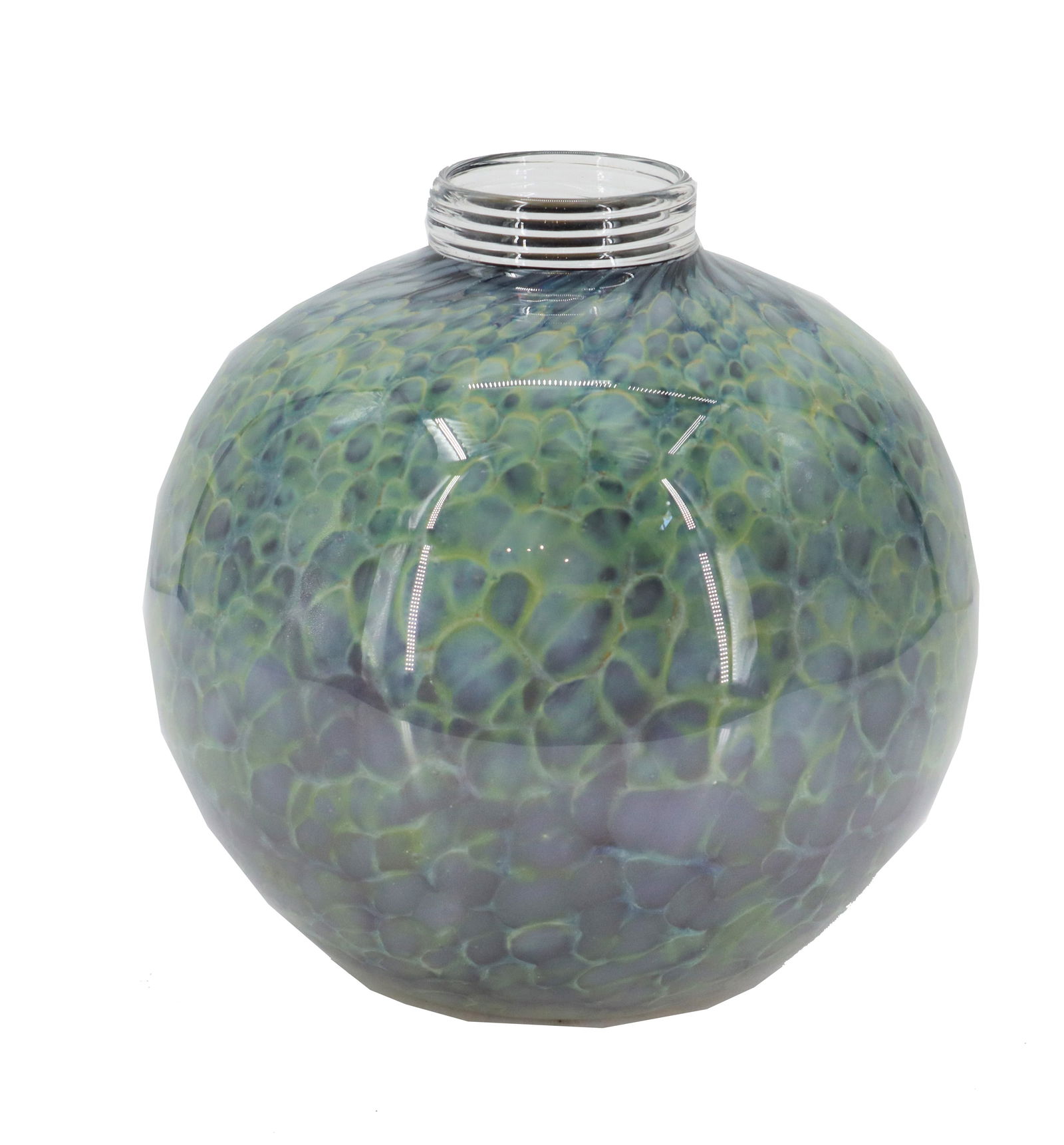Green Blown Glass Bottle Vase with Bubble Pattern and Circular Rim: Green Blown Glass Bottle Vase with Bubble Pattern and Circular Rim. Condition as pictured. Size: 7 1/2 x 7 1/2 x 8 1/2 in.