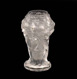Czech Hoffmann & Schlevogt Desna Molded Art Nouveau Style Glass Vase: Czech Hoffmann &amp; Schlevogt Desna Molded Art Nouveau Style Glass Vase. Depicts nude maidens frolicking beneath tall trees all around the sides. From the original molds made in the 1930s, acid-etche