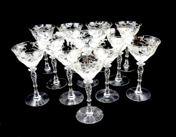 (12) Tiffin Franciscan Pattern Etched Martini Glasses