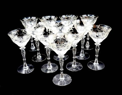 (12) Tiffin Franciscan Pattern Etched Martini Glasses: (12) Tiffin Franciscan Pattern Etched Martini Glasses. All matching and extravagant.&nbsp; Condition: Minor chips on some pieces.&nbsp; Size:&nbsp;7 1/2 x 4 in.&nbsp; &nbsp; The Unit