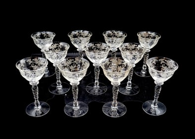 (11) Tiffin Franciscan Pattern Etched Cocktail Glasses