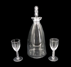 French Lalique Crystal Geubwiller Pattern Decanter and (2) Cordial Glasses