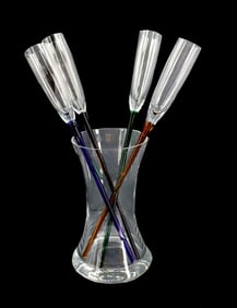 (4) Art Glass Footless Champagne Flutes in Holding Vase