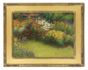Timothy R. Thies (1954–2010) American, Oil on Canvas Floral Landscape "Daylilies and Roses"
