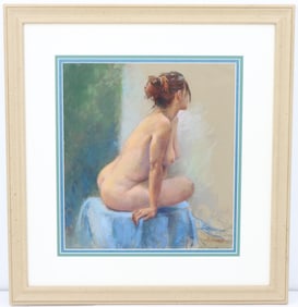 Ruth Hussey American 20th/21st Century Original Pastel Painting of a Nude Seated on a Table