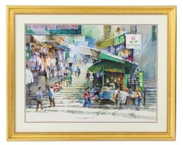 Signed Watercolor on Paper Marketplace Street Scene