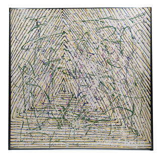 Abstract Expressionist Oil on Canvas Painting: Abstract Expressionist Oil on Canvas Painting. Oil on canvas abstract expressionist painting with concentric triangles laced with black and white drip paint lines. Unsigned. Abstract Expressionism was
