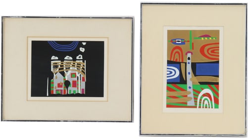 Pair of Signed Mid Century Abstract Lithographs in the Style of Kandinsky