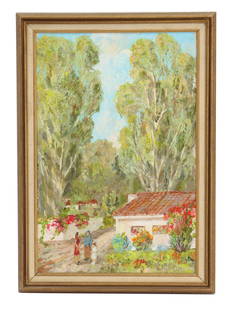 Harlan Lizer (1910-2003) American, Signed Vertical Oil on Canvas: Harlan Lizer (1910-2003) American, Signed Vertical Oil on Canvas. Depicts a quaint New Mexico homestead with three generations of women huddled talking beneath tall trees. Signature bottom right.&nbsp