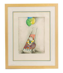 Graciela Rodo Boulanger (Born 1935) Bolivian/French, Signed and Numbered Lithograph: Graciela Rodo Boulanger (Born 1935) Bolivian/French, Signed and Numbered Lithograph. Shows a sleeping child in a stroller with balloons tied to it. Title: &quot;La Pousette.&quot; Signed in pencil bot