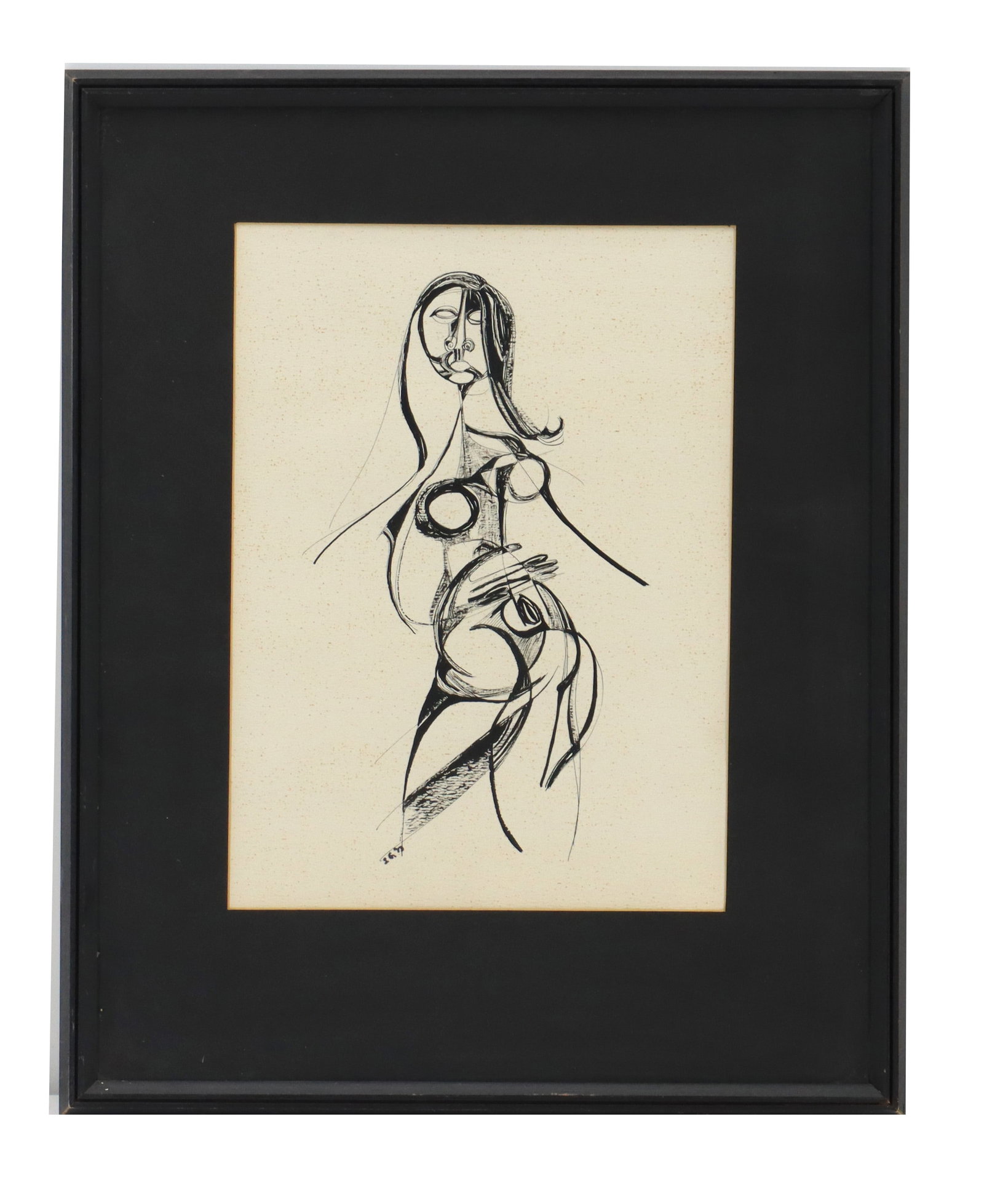 Cubist Ink Drawing of a Female Nude: Cubist Ink Drawing of a Female Nude. Signed with initials near the left leg. Overall Size: 21 1/4 x 17 1/4 in. Sight Size: 13 1/2 x 10 in.