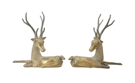 (2) Brass Reclining Deer Statues