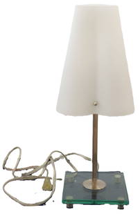 Fontana Arte Table Lamp: Fontana Arte Table Lamp.&nbsp; Designed by Max Ingrand in 1954. Fontana model. Distinctive, cone-shaped shade made of frosted white glass. Slender metal stem. Base is clear glass with small metal feet