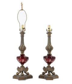 Pair of Vintage Bohemian Style Table Lamps With Red Cut to Clear Orbs