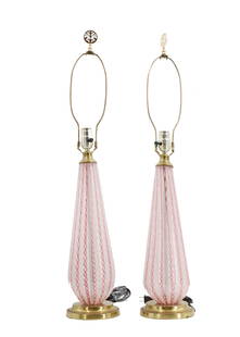 Pair of Murano Latticino Venetian Style Glass Lamps: The pattern on this lamp is reminiscent of Murano glass, specifically the "filigree" or "latticino" technique often used by Murano artisans in Italy. This technique involves incorp