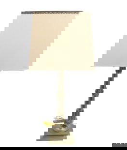 Art Nouveau Brass Table Lamp: Art Nouveau Brass Table Lamp.&nbsp; Silk shade. Tall, fluted or reeded column-style body with decorative bands.&nbsp; Size: 32 x 14 x 14 in.