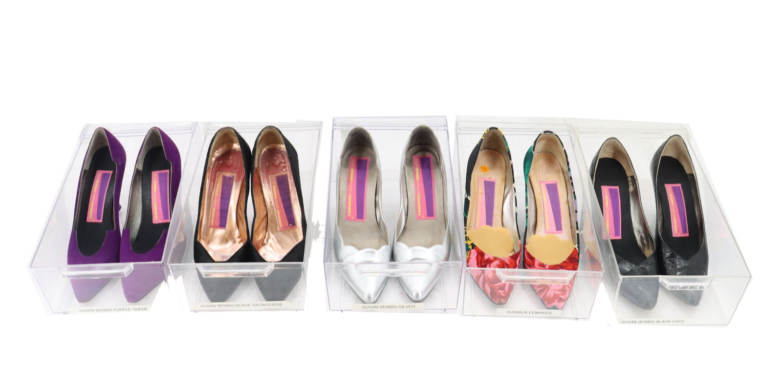(5) Pairs of Susan Bennis Warren Edwards Shoes: (5) Pairs of Susan Bennis Warren Edwards Shoes. Purple suede pointed toe heels. Silver soles. US size 6.5. Black suede and satin heels. Slightly rounded toes. Brown soles. US size 6.5.&nbs