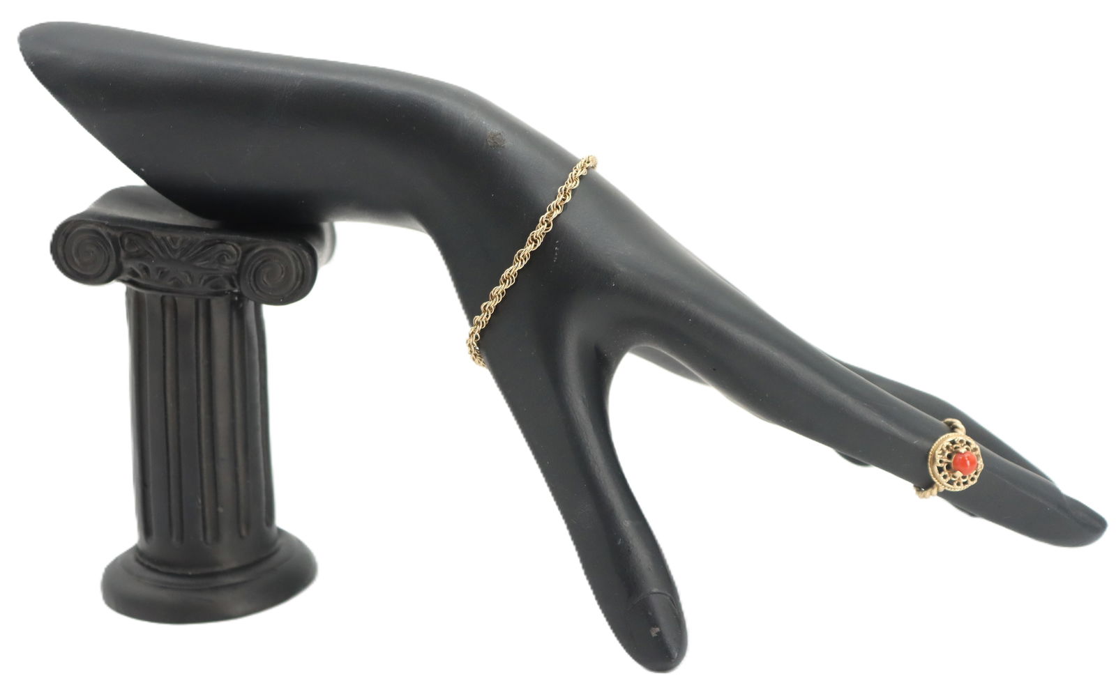 Tested 14k Gold Rope Bracelet & Marked 14k Gold & Coral Ring - Gross 4.7 g. (1 of 14)