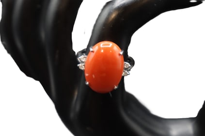 Marked 14k Gold, Diamond, and Red Coral Ring - Gross 4.8 g.