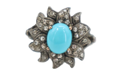 14k Gold, Sterling, Turquoise, and Diamond Ring - Gross 4.3 g.