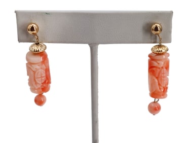 Pair of Tested 14k Gold And Carved Angel Skin Coral Earrings